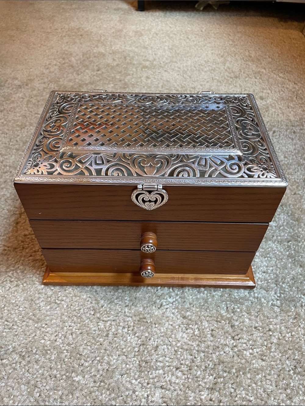 Brighton Wooden Jewelry Chest with Intricate Silver-Tone Top